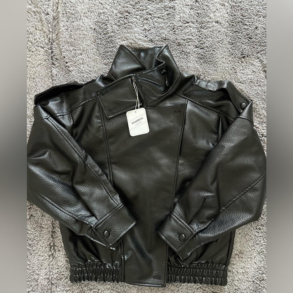 Elegant Black Vegan Leather Bomber Jacket